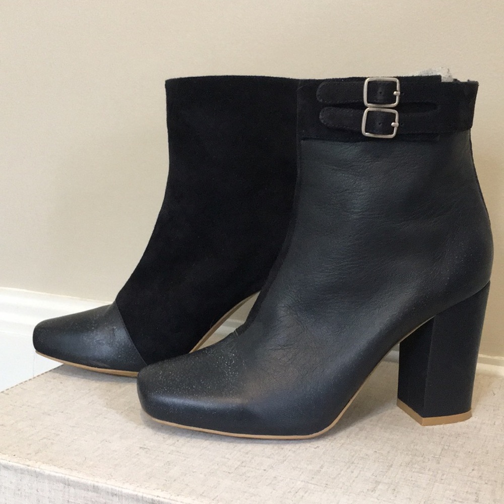 Anthropologie Black Leather & Suede Buckle Block Heel Ankle Boots